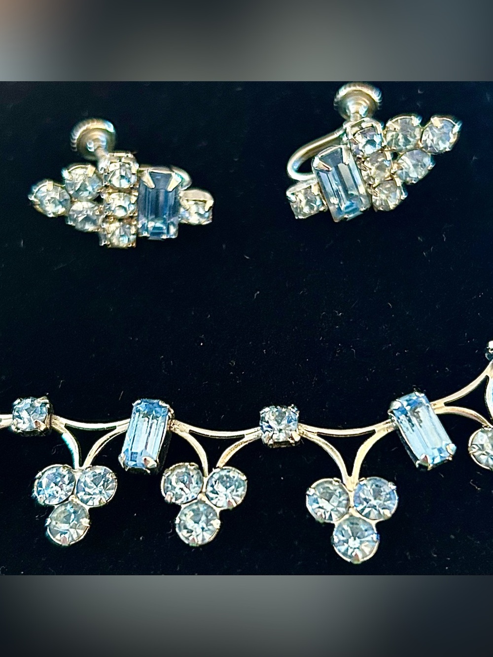 Vintage 1950s Blue Crystal Necklace & Clip Earrings Set
